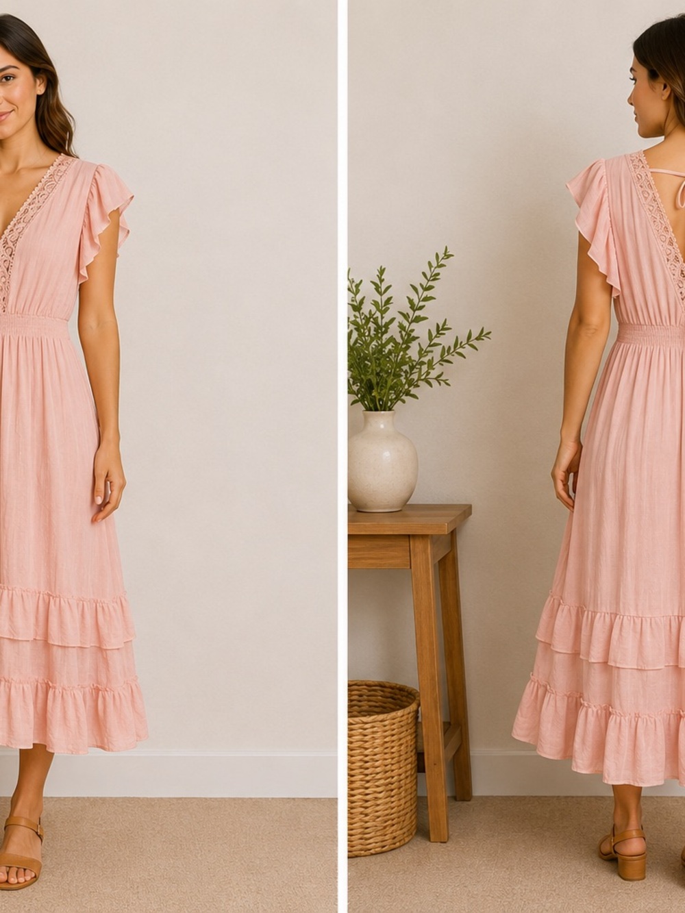 J GEE BOHO MAXI DRESS V-NECK CROCHET LACE TIERED RUFFLES SMOCKING LINED TIE 1X